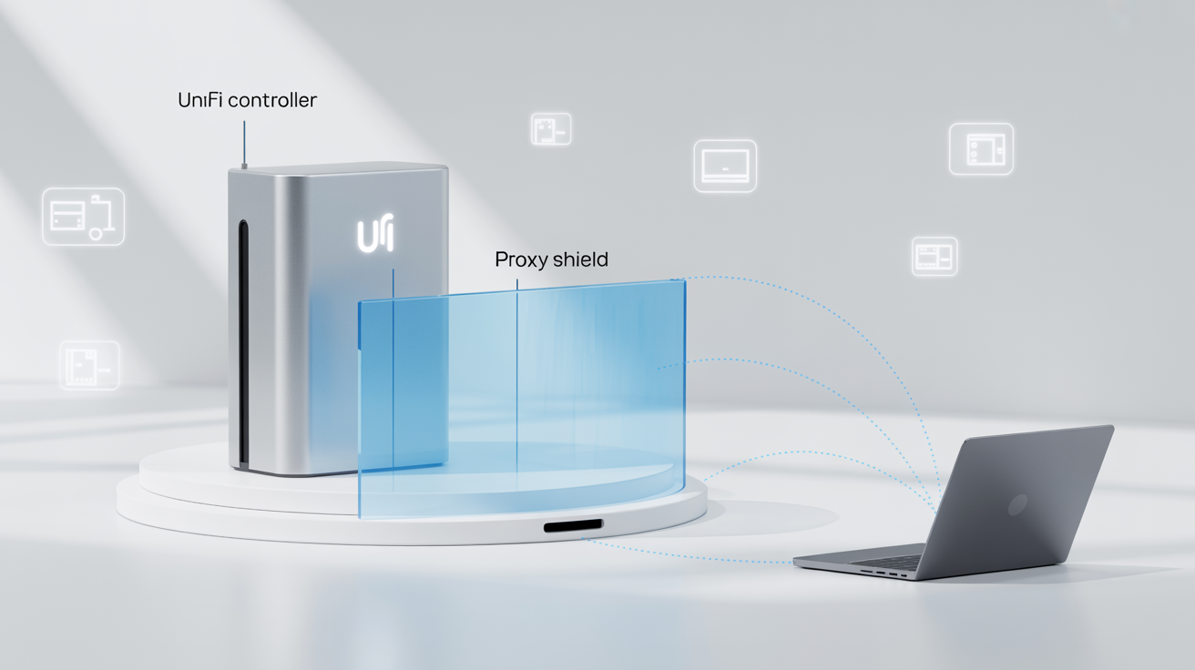 Architecture diagram showing UniFiShield as a secure proxy between third parties and your UniFi Controller